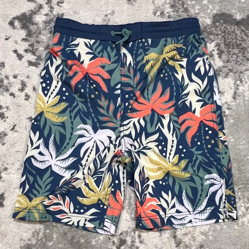 Old Navy Boys XXL 18 Tropical Palm Leaf Swim Trunks Navy Orange Board Shorts